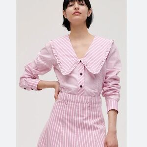 GANNI cotton white pink striped button down top blouse, size US 6